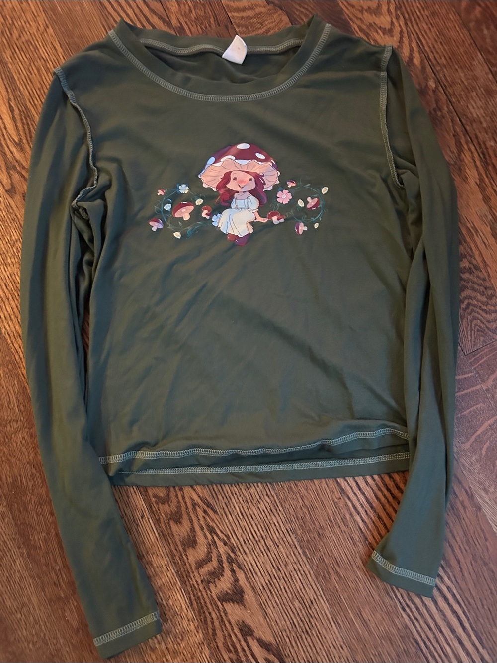 ROMWE Olive Green Long Sleeve Tee with Mushroom Girl Print